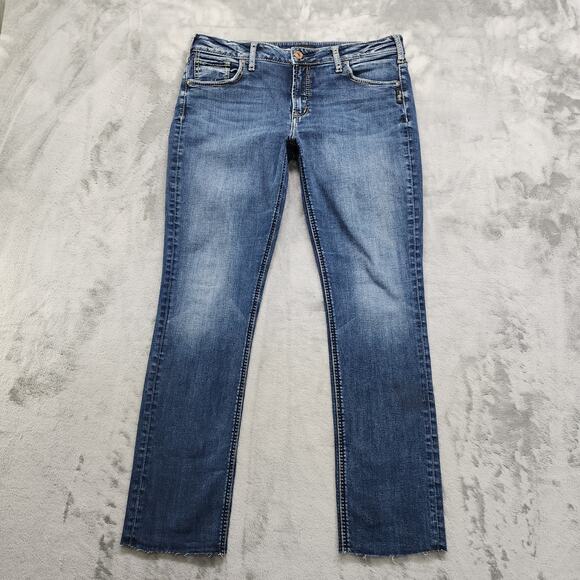 Silver Jeans Womens W34/L30* Blue Dark Wash Avery Straight Raw Hem Stretch Denim - Picture 1 of 13
